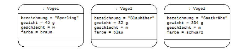 Objektdiagramm mit drei Instanzen der Klasse „Vogel“.