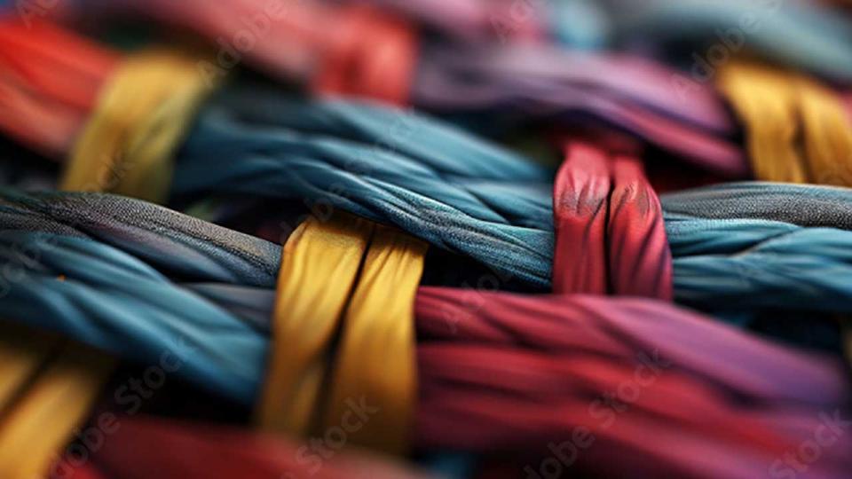 Hintergrund aus gestricktem Stoff, eine gewebte Weidenstruktur in mehreren Farben 