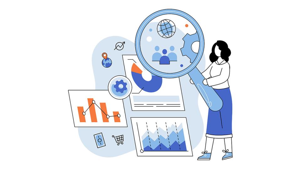 Marktforschung. Vektor-Illustration. Die Analyse von Markttrends hilft Unternehmen, Wachstumschancen zu erkennen Effektive Werbestrategien beruhen auf Erkenntnissen der Marktforschung E-Commerce