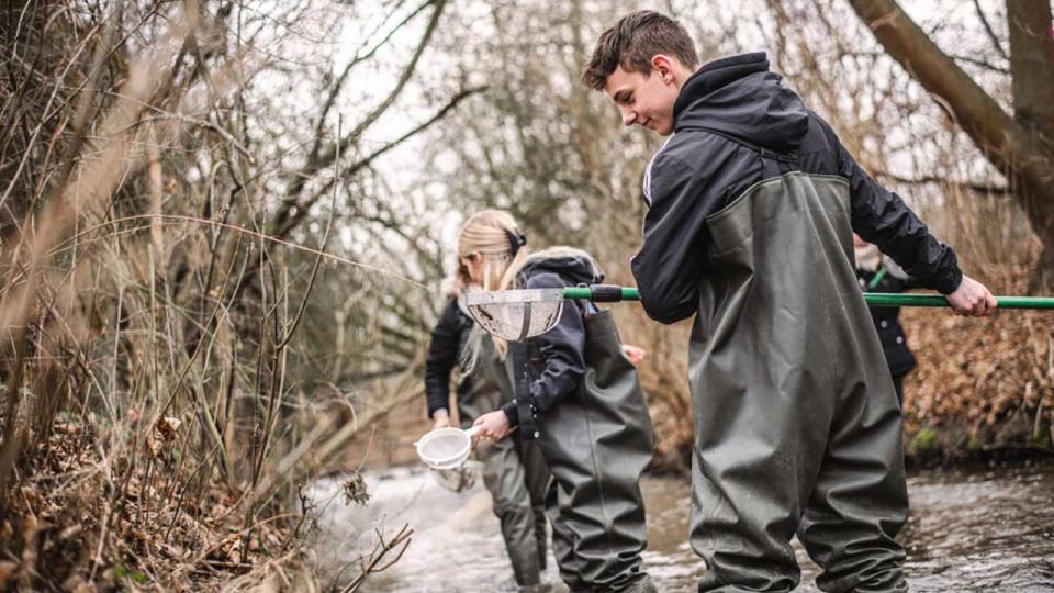 Schüler*innen bei der Fließgewässerforschung an der Erft