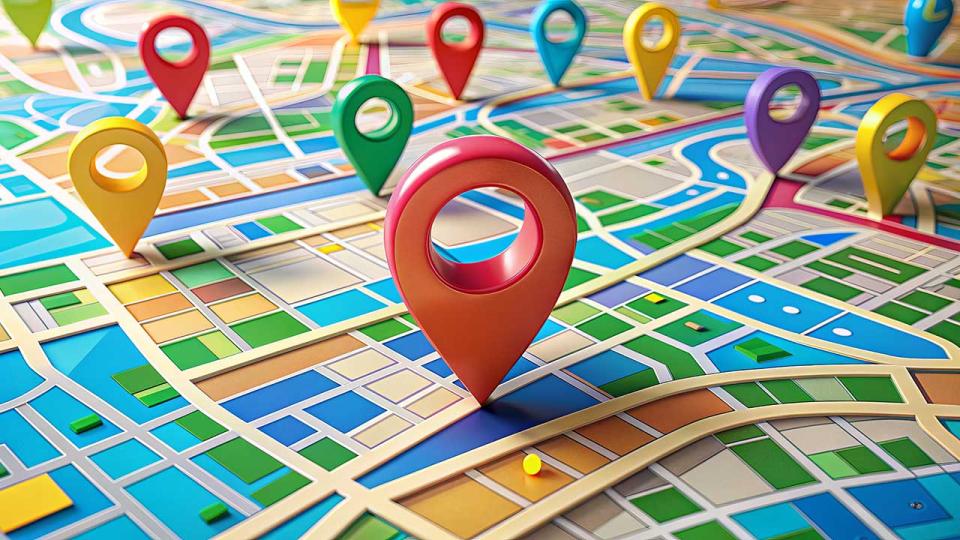 Ein stilisierter abstrakter Stadtplan mit einem einzelnen Marker-Pin, der leuchtende Farben und geometrische Formen zeigt