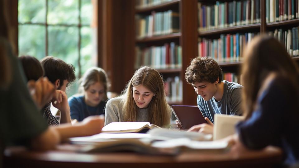 Schüler arbeiten gemeinsam an einem Schulprojekt in der Bibliothek und tauschen Ideen und Ressourcen aus