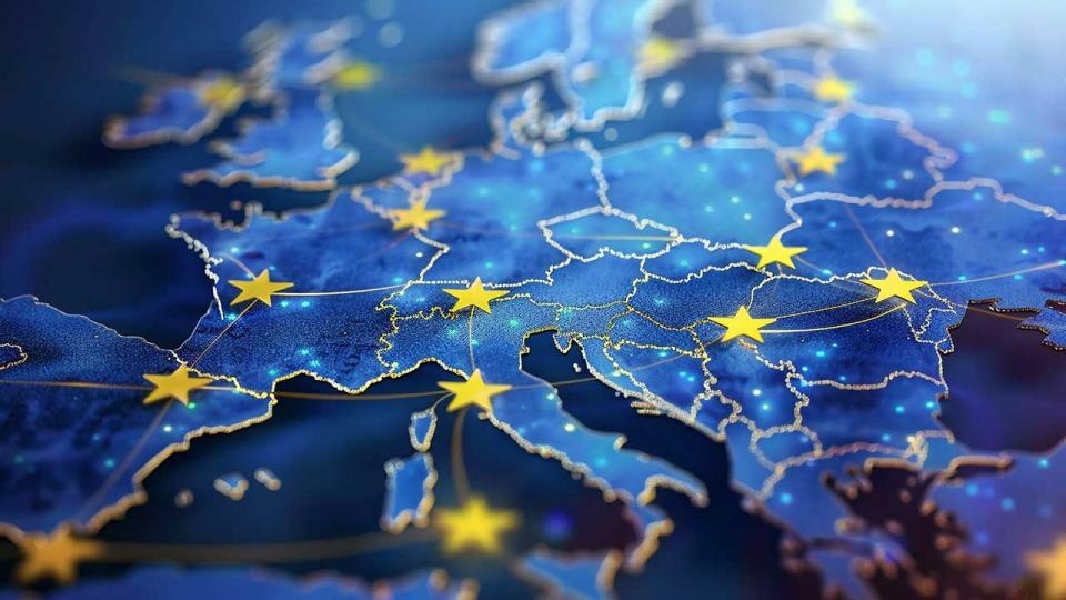 Europäischer Rechtsakt über digitale Dienste: Ein Leuchtturm fortschrittlicher Gesetzgebung in einem blauen Meer, repräsentiert durch gelbe Sterne und digitale Anstecker 