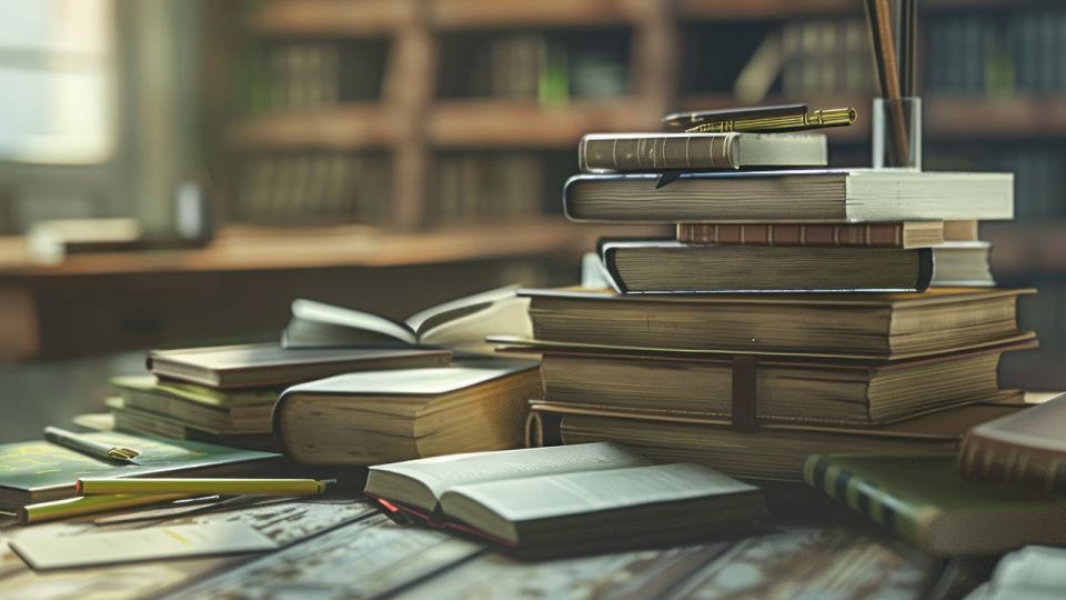 Eine Sammlung von Büchern auf einem Holztisch