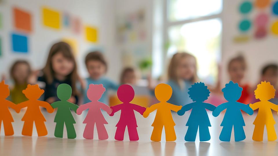Regenbogenfarbenes Papier menschliche Figuren halten ihre Hände auf Kindergarten oder Schule Hintergrund.