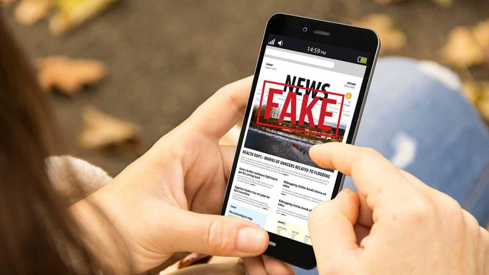 Frau liest Fake News im Park