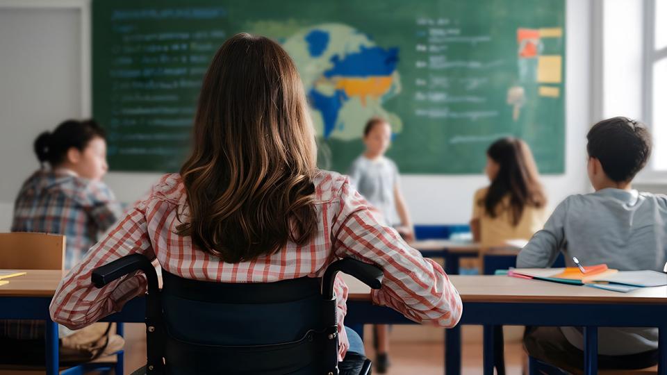 Konzept der inklusiven Bildung mit Rückansicht eines an den Rollstuhl gefesselten Schülers im Klassenzimmer.