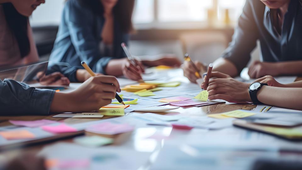 Geschäftsleute beim Brainstorming. Menschen verwenden Aufkleber, um ihre Ideen zu speichern. Planung eines Geschäftsprojekts. Das Konzept des Brainstormings in einem Start-up in einem Team.