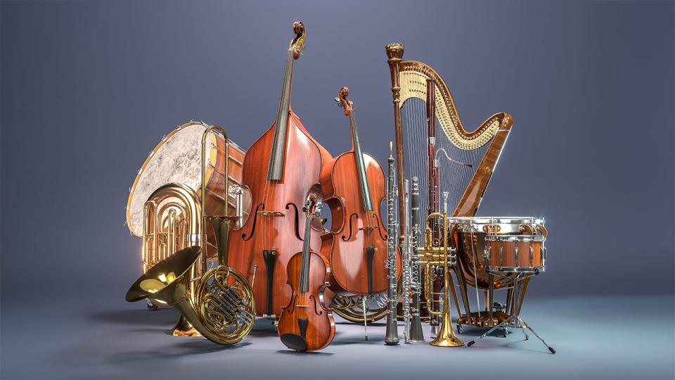 Orchestermusikinstrumente auf grauem Hintergrund