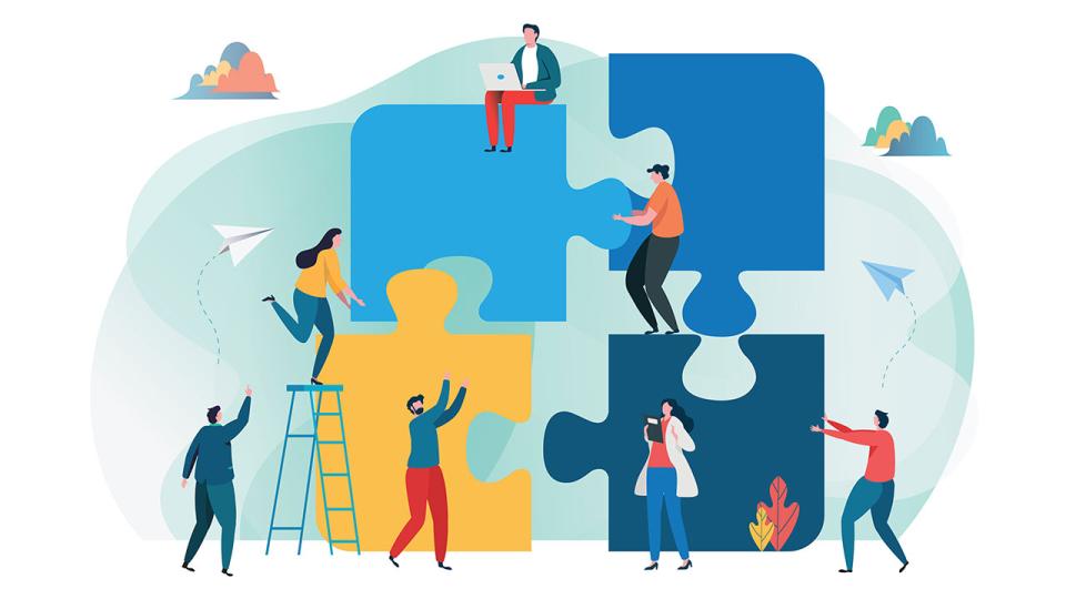 Illustration menschengroßes Puzzle, welches von Personen zusammengesetzt wird