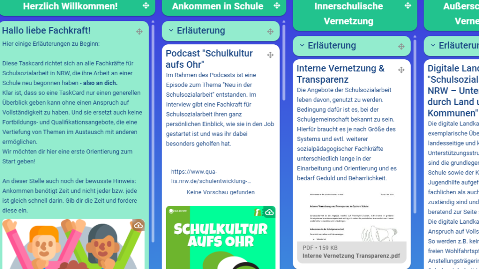 Pinboard „Willkommen! Wissenswertes zum Ankommen in Schule für Fachkräfte für Schulsozialarbeit in Nordrhein-Westfalen“