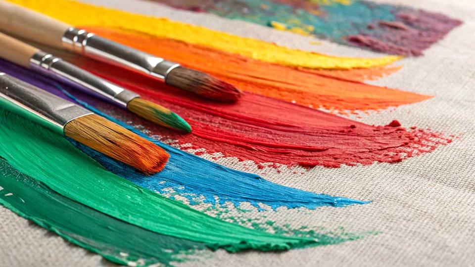 Abstrakte Pinselstriche in leuchtenden Farben auf strukturierter Leinwand 