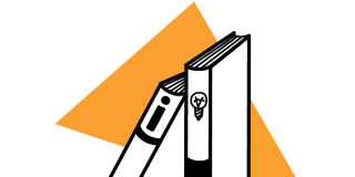 Illustration von zwei Büchern. Auf der Buchkante des einen Buches ist der Buchstabe I zu sehen und auf der Buchkante des anderen Buches eine Glühbirne.