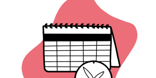Illustration eines Tischkalenders mit vielen freien Feldern sowie Grafik einer Uhr 