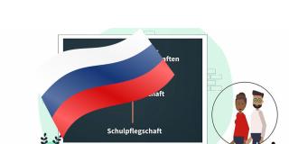 Grafische Darstellung einer russischen Flagge vor einer Tafel mit Gremien der Elternmitwirkung, daneben zwei Personen.