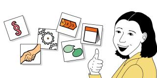 Grafische Darstellung einer Person mit hochgerecktem Daumen, links daneben mehrere kleine Karten, die verschiedene Symbole zeigen (Paragraph, Sprechblasen, Zahnräder etc.).