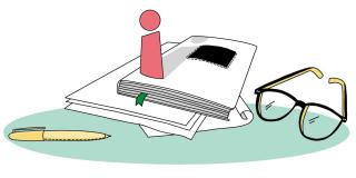 Grafische Darstellung eines Stapels von Schreibutensilien (Hefte, Brille, Kugelschreiber), darauf ein Info Icon.