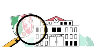 Grafische Darstellung einer Lupe vor dem Landeswappen NRW, im Hintergrund ein Schulgebäude.
