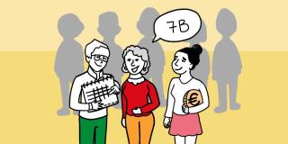 Illustration dreier Personen im Vordergrund. Die Person in der Mitte sagt: 7b. Die Person rechts von ihr, hält einen Taler in der Hand, auf dem ein großes Euro Zeichen abgebildet ist. Die Person links hält ein Dokument vor dem Körper, auf dem eine Tabelle angedeutet ist. Im Hintergrund sind fünf Personen als Silhouetten in grau dargestellt.