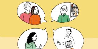 Illustration auf der vier Sprechblasen einander zugewandt zu sehen sind, die gefüllt sind mit verschiedensten Personen. In der Sprechblase oben links sind zwei Personen abgebildet, die als Eltern fungieren. Unten links in der Sprechblase ist ein Mädchen mit Kapuzenpulli, die die Schülerfunktion darstellt. Oben rechts eine Person mit Brille vor einem Bücherregal, welche die Schulleitung verkörpert und unten rechts eine Person mit einer Akte unter dem Arm, welche für die Lehrkraft symbolisiert.