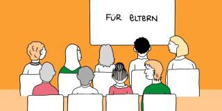  Illustration eines Plenums bestehend aus neun Personen, die auf ein Plakat schauen, auf dem steht: Für Eltern