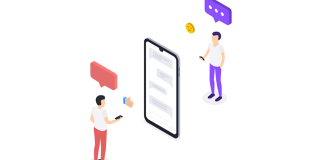 Illustration von zwei Männern, die ein Handy in der Hand halten. Über den Handys sind Emojis dargestellt, zwischen den Männern ein überdimensionales Handy