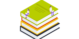 Illustration von vier Büchern und zwei darauf sitzenden, illustrierten Menschen