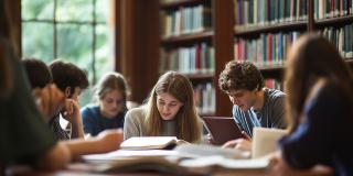 Schüler arbeiten gemeinsam an einem Schulprojekt in der Bibliothek und tauschen Ideen und Ressourcen aus