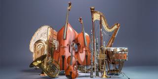 Orchestermusikinstrumente auf grauem Hintergrund
