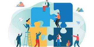 Illustration menschengroßes Puzzle, welches von Personen zusammengesetzt wird