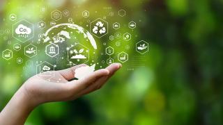 ESG-Symbol-Konzept. Umwelt, Gesellschaft und Governance. Energie des Erdgases nachhaltige und ethische Unternehmen auf Netzwerk-Verbindung auf grünem Hintergrund.