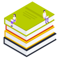 Illustration von zwei Menschen, die auf überdimensionalen Büchern sitzen und einen Laptop auf dem Schoss halten