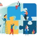 Illustration menschengroßes Puzzle, welches von Personen zusammengesetzt wird