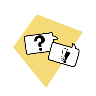 Illustration von zwei rechteckigen Sprechblasen. Ein Fragezeichen in der linken Sprechblase, zwei Ausrufezeichen in der rechten Sprechblase