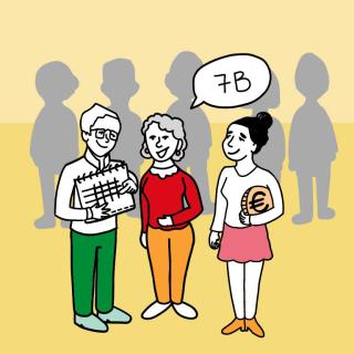 Illustration dreier Personen im Vordergrund. Die Person in der Mitte sagt: 7b. Die Person rechts von ihr, hält einen Taler in der Hand, auf dem ein großes Euro Zeichen abgebildet ist. Die Person links hält ein Dokument vor dem Körper, auf dem eine Tabelle angedeutet ist. Im Hintergrund sind fünf Personen als Silhouetten in grau dargestellt.