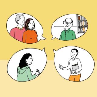 Illustration auf der vier Sprechblasen einander zugewandt zu sehen sind, die gefüllt sind mit verschiedensten Personen. In der Sprechblase oben links sind zwei Personen abgebildet, die als Eltern fungieren. Unten links in der Sprechblase ist ein Mädchen mit Kapuzenpulli, die die Schülerfunktion darstellt. Oben rechts eine Person mit Brille vor einem Bücherregal, welche die Schulleitung verkörpert und unten rechts eine Person mit einer Akte unter dem Arm, welche für die Lehrkraft symbolisiert.
